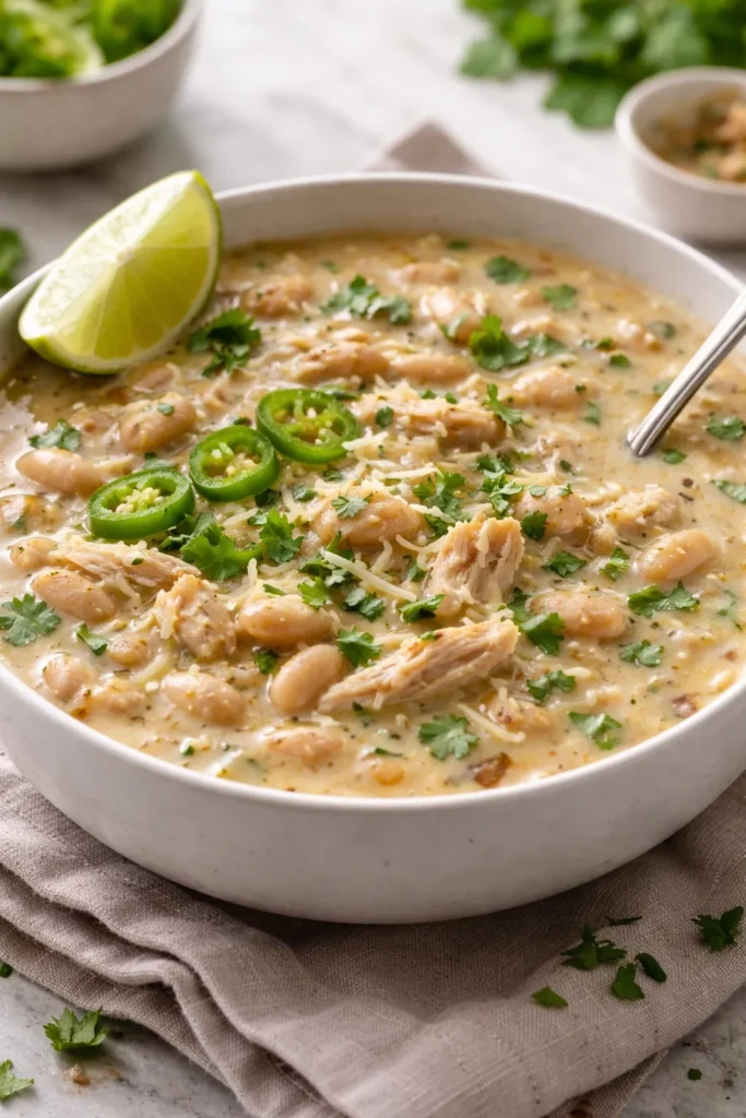 White chicken chili in a white bowl showing shredded chicken and white beans.