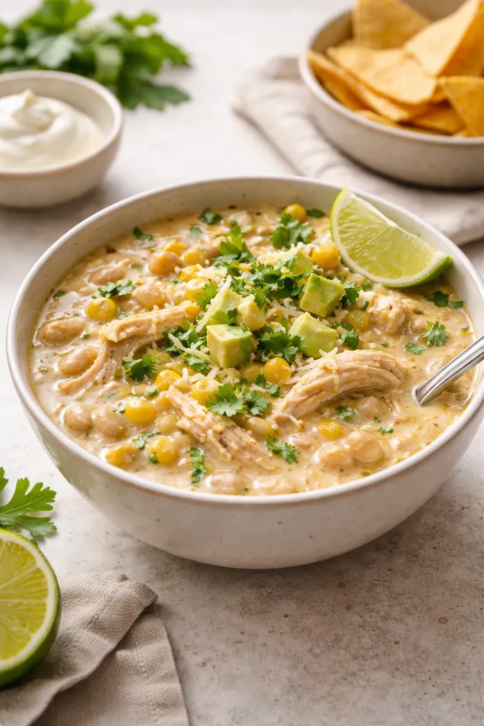 8 Make-Ahead Dinners Ready When You Are 3 Creamy white chicken chili in a bowl with beans and chicken