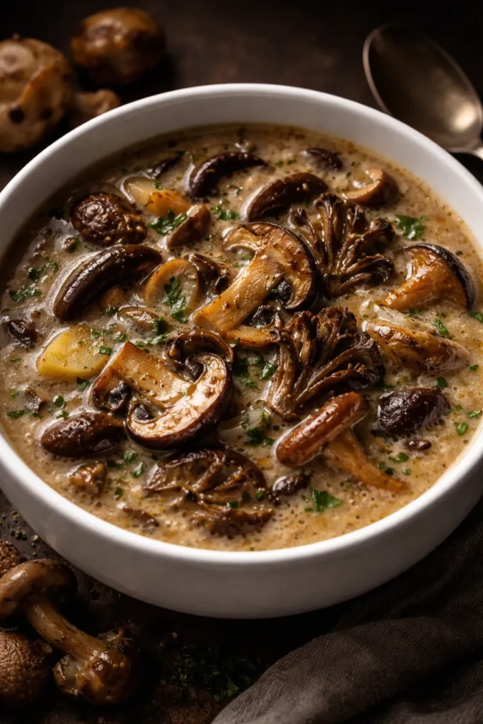 Close-up of wild mushroom soup with roasted garlic in a bowl