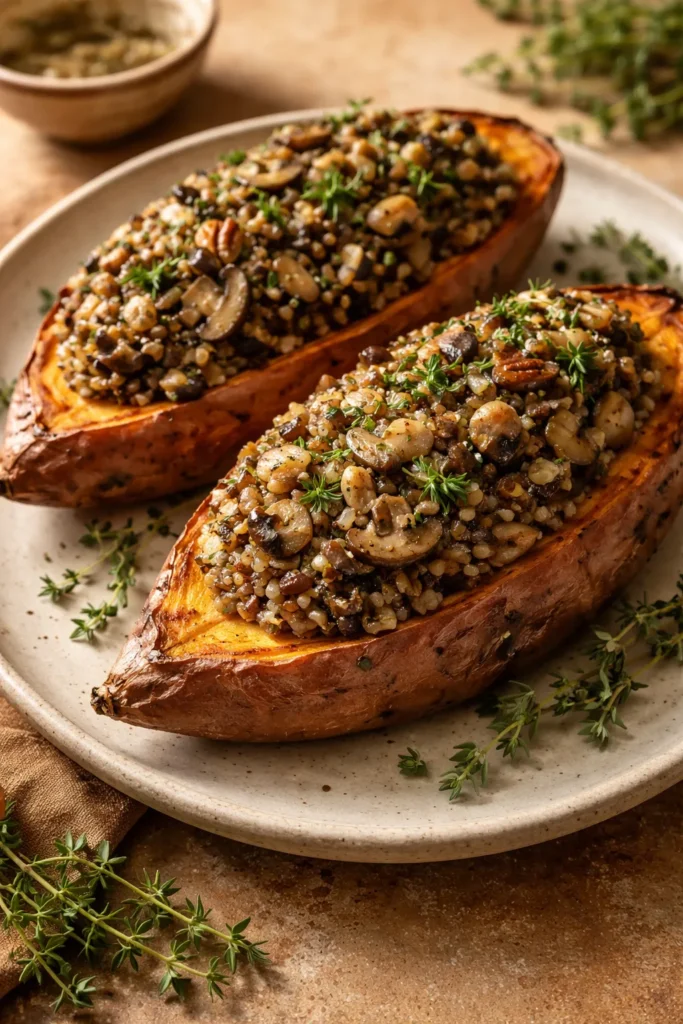 Halved baked sweet potato stuffed with wild rice and mushroom filling