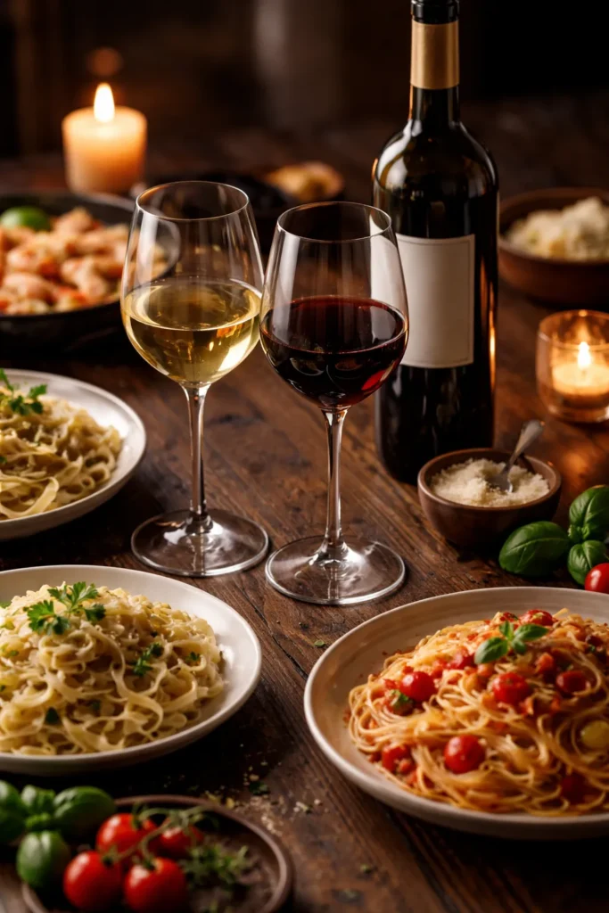 Wine glasses and bottle on dark wood for pasta wine pairings