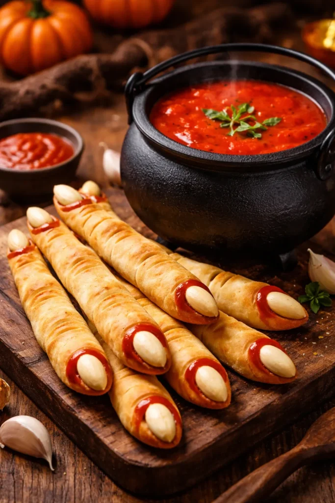 8 Halloween Dinner Ideas Your Kids Will Love 7 Close-up of witch's finger breadsticks with cauldron tomato soup on rustic board