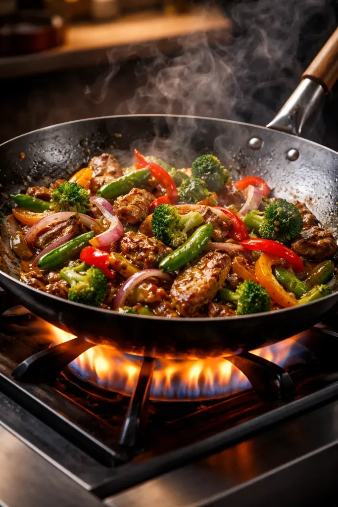 Close-up of a sizzling wok with vegetables and protein, illustrating universal stir-fry tips