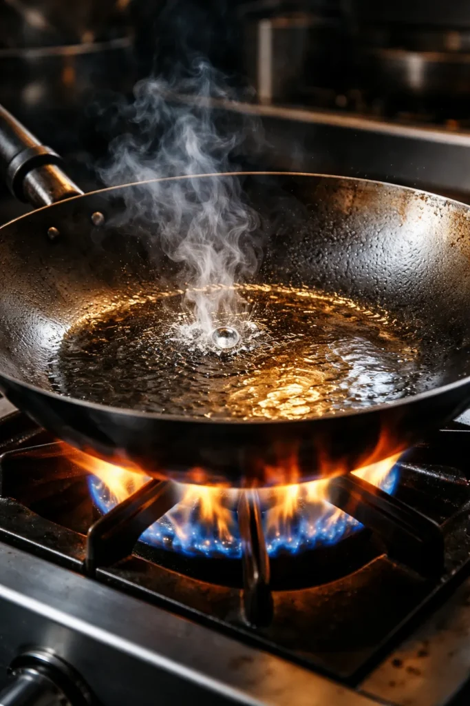 Close-up of a hot wok with shimmering oil on a gas flame, water droplet about to evaporate