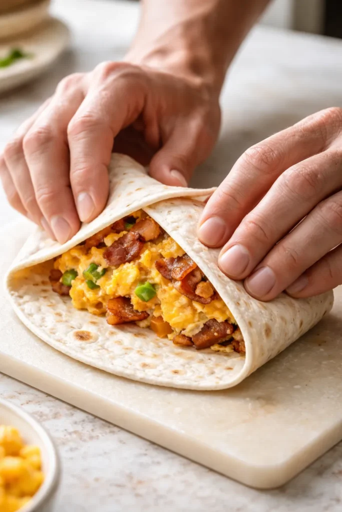 8 Breakfast Burrito Recipes for Meal Prep 11 Hands wrapping a burrito showing the wrapping technique