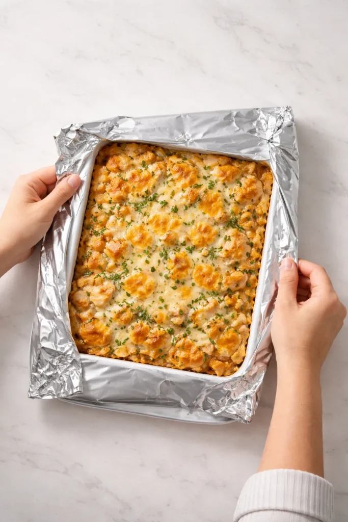10 Chicken Casseroles the Whole Family Loves 11 Casserole dish being wrapped in foil on a clean surface