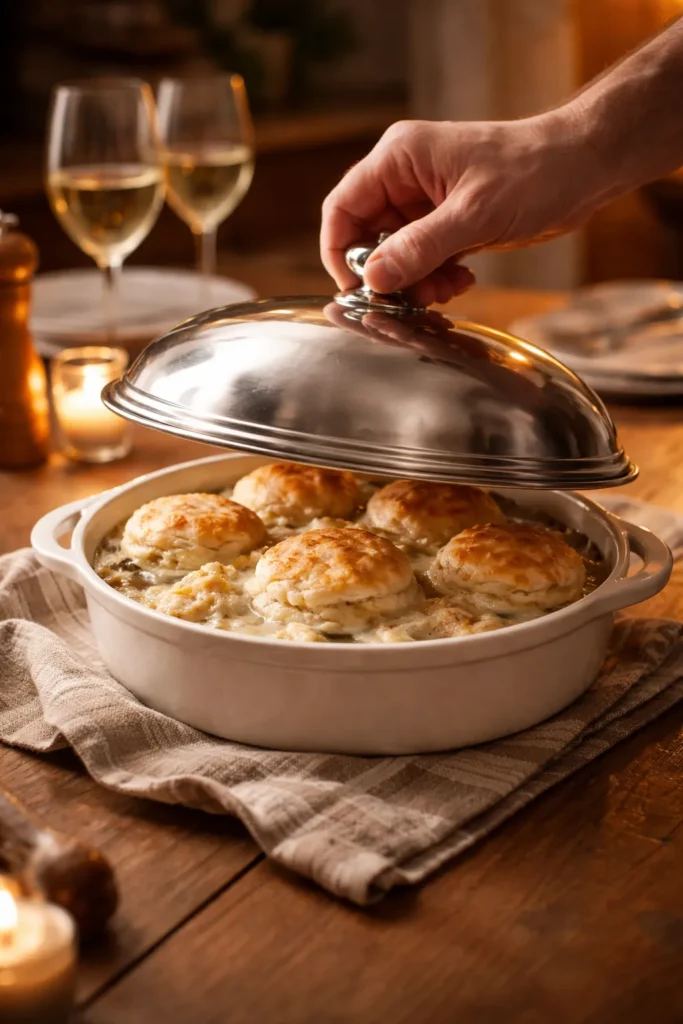 10 Chicken and Biscuit Dinners for Cozy Nights 11 Hand placing cloche on dish to indicate wrapping up dinner