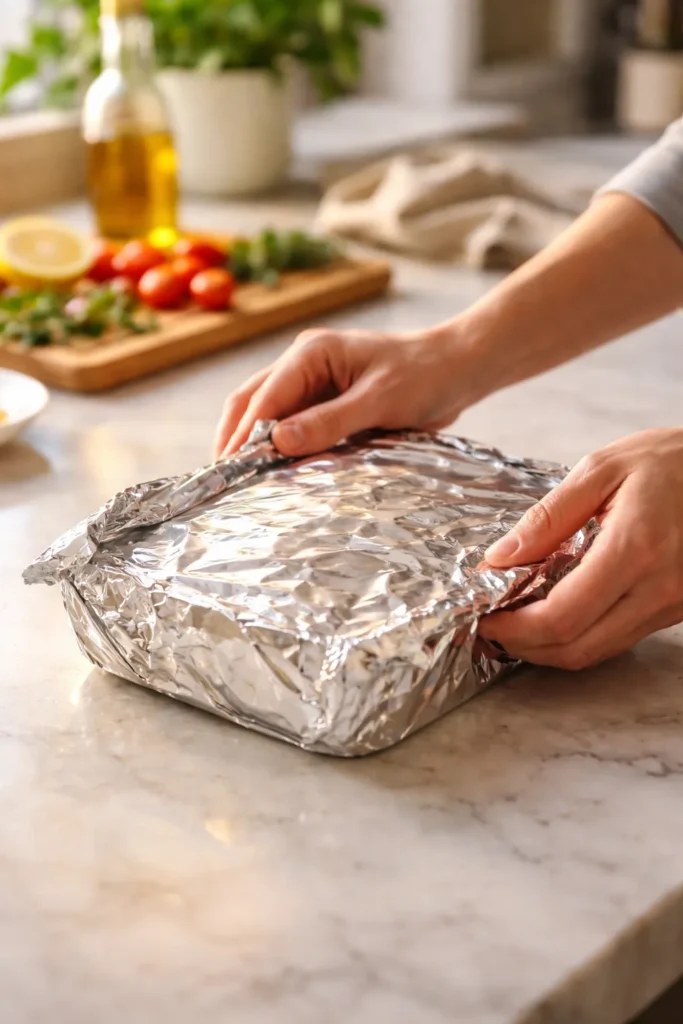 Hands wrapping leftovers in foil on a kitchen counter