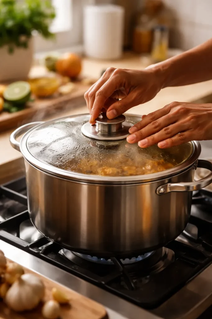 8 Trinidadian Curry and Rice Recipes at Home 9 Hands placing a lid on a pot to symbolize wrapping up cooking