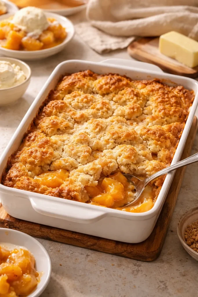 5-Minute Bisquick Cobbler With Canned Peaches 6 Warm peach cobbler ready to serve in baking dish