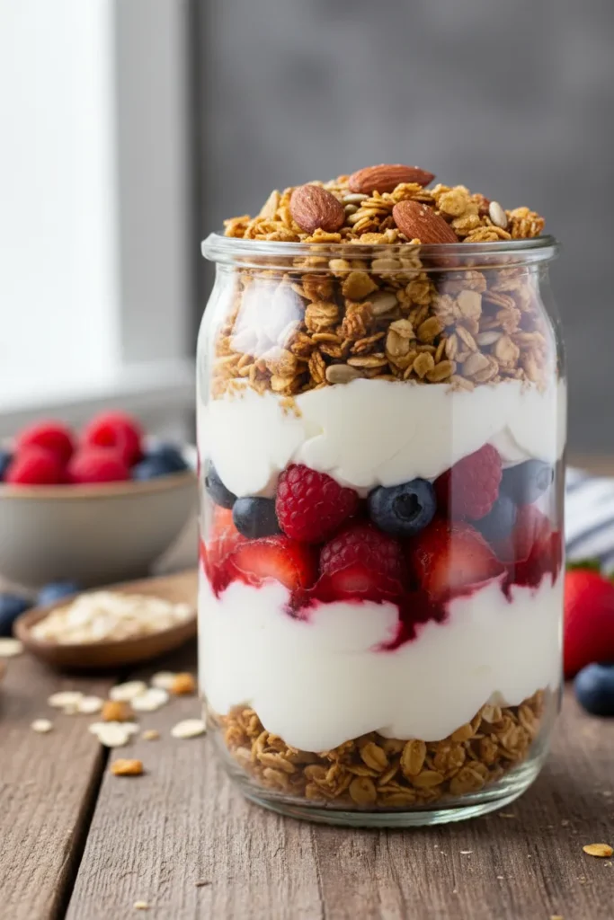 8 Yogurt Parfait Recipes for a Quick Breakfast 1 Layered yogurt parfait with fresh berries and granola in a glass jar