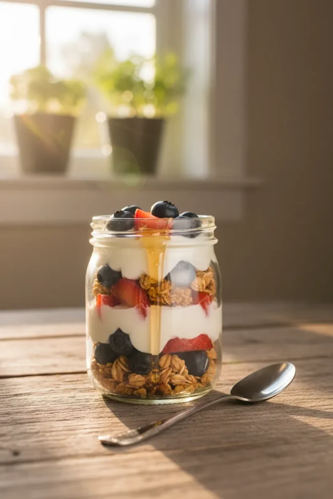 8 Yogurt Parfait Recipes for a Quick Breakfast 12 A finished yogurt parfait ready to eat in a sunny breakfast setting