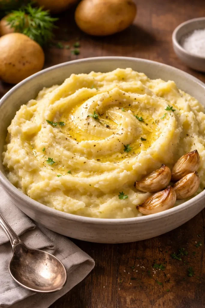 8 Mashed Potato Recipes Fluffy Every Time 3 Creamy yellowish mashed potatoes with hints of garlic infusion.