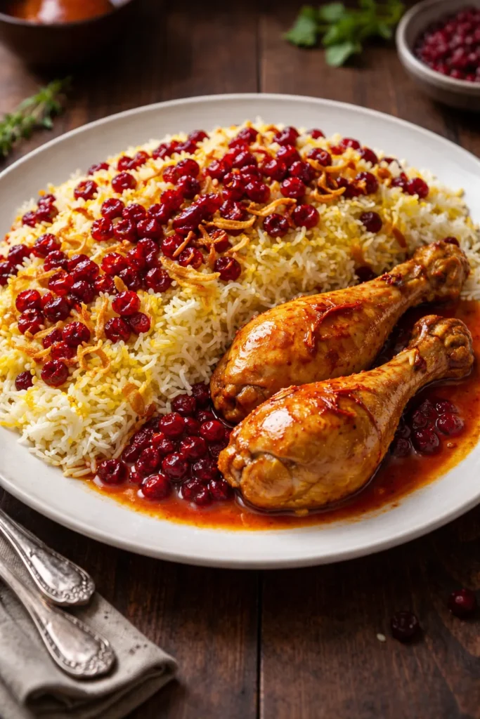 Saffron rice with barberries and braised chicken