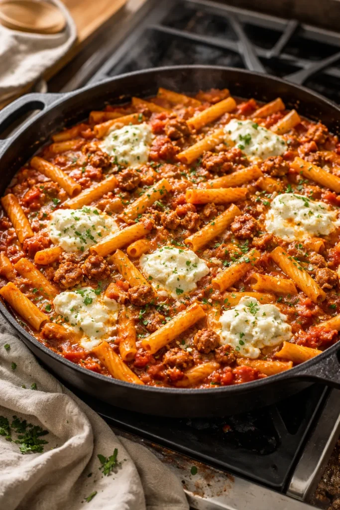 10 One-Pot Pasta Recipes With Easy Cleanup 13 Close-up of a bubbling skillet with ziti, sausage, ricotta, and tomato sauce on the stovetop