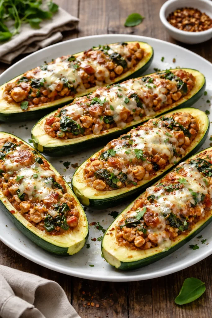 Italian stuffed zucchini boats with mozzarella on top
