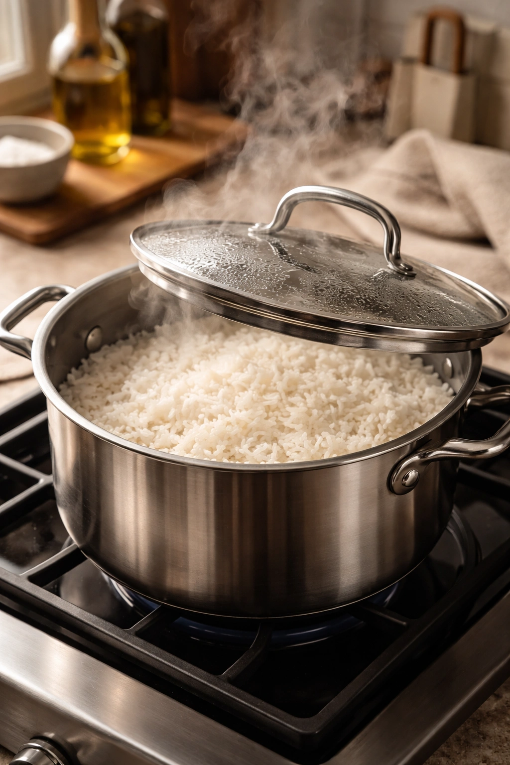 Stovetop absorption-method rice cooking in a pot with steam.