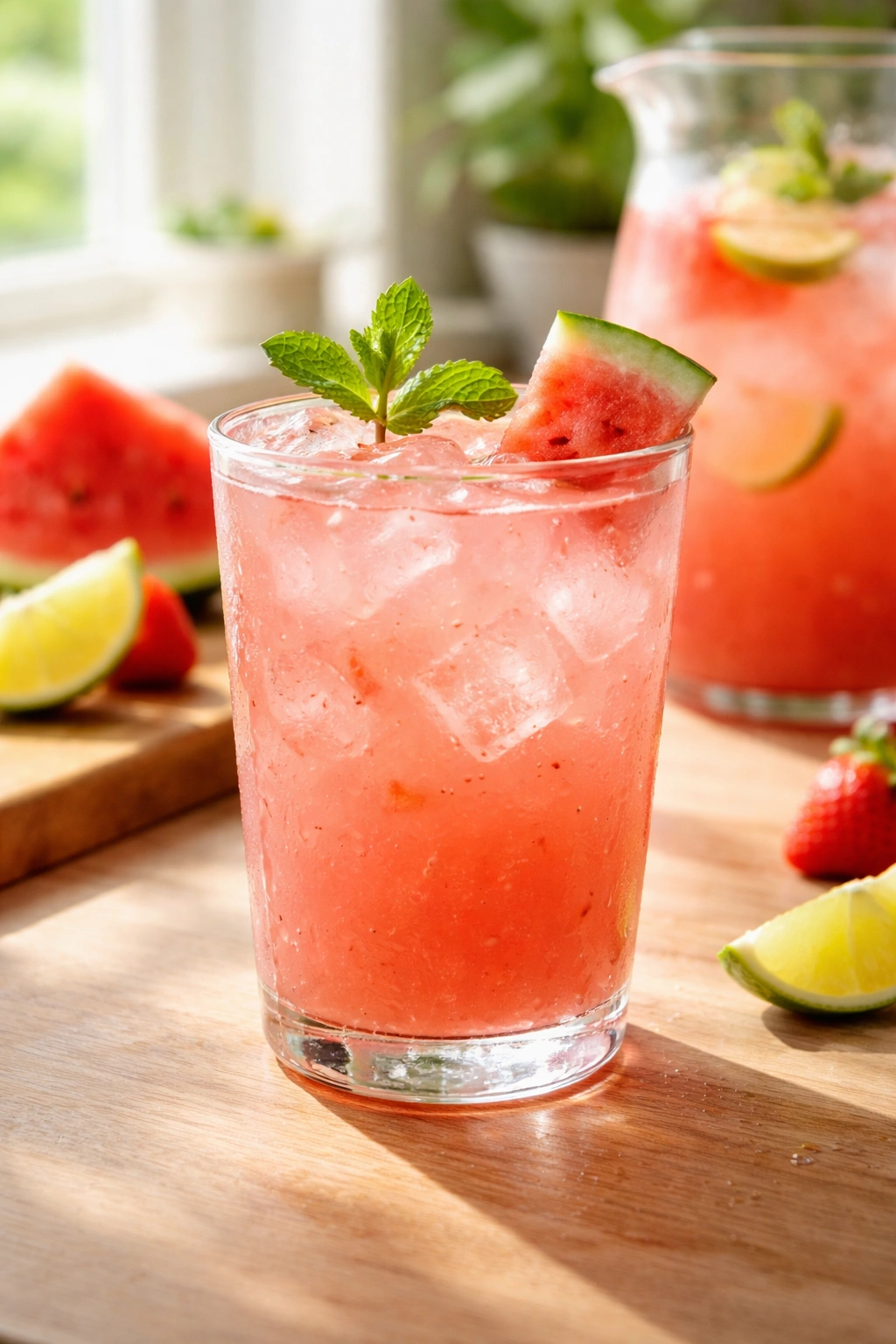 Close-up of pale pink agua fresca in a glass with fruit pulp on a wooden surface in natural light