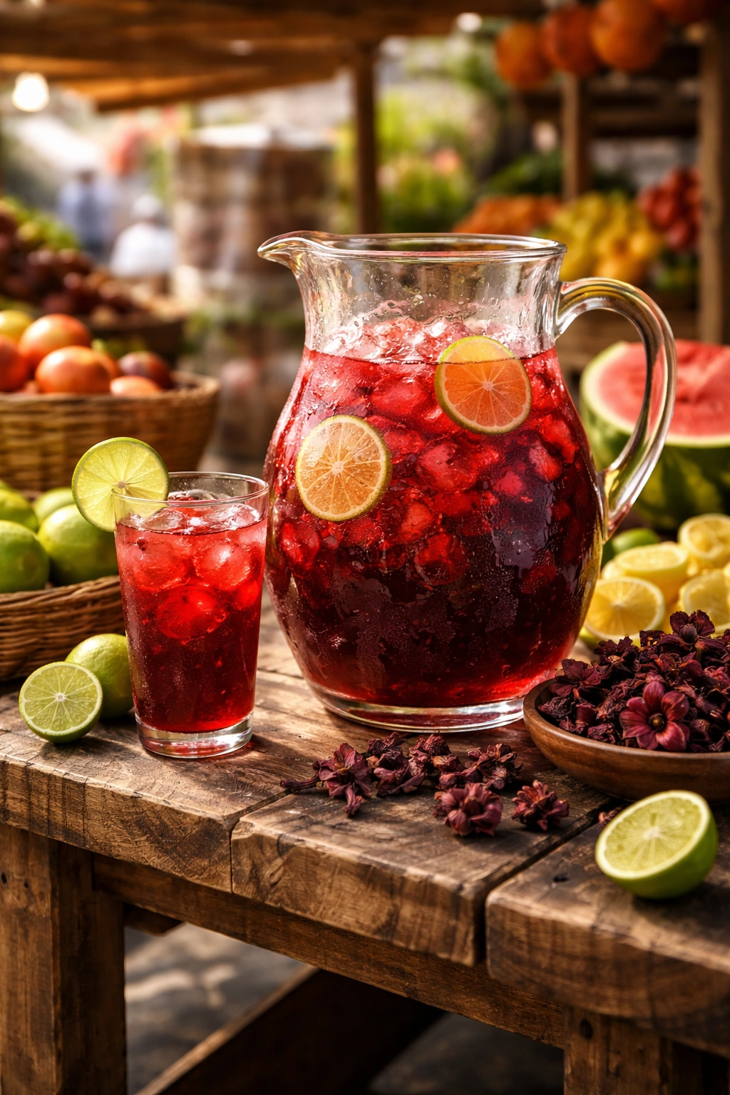 Traditional hibiscus agua fresca in a glass pitcher on a rustic market stall bathed in warm light