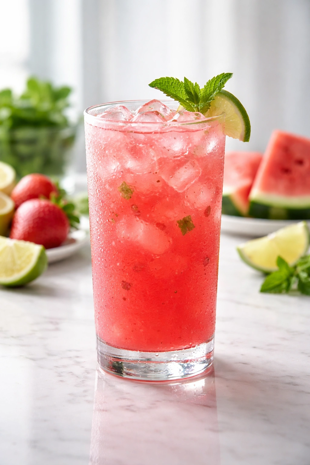 Single glass of agua fresca with visible fruit pulp on a countertop