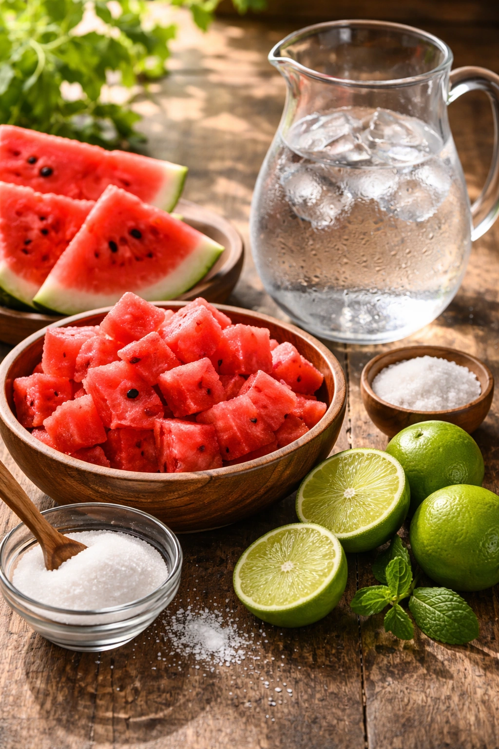 Still life of watermelon, sugar, lime, and water for agua fresca on wood