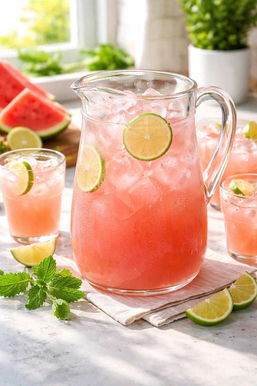 Pitcher of agua fresca on a bright kitchen counter with ice