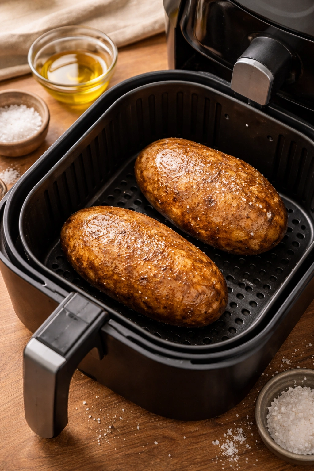 Two russet potatoes in air fryer basket ready to bake