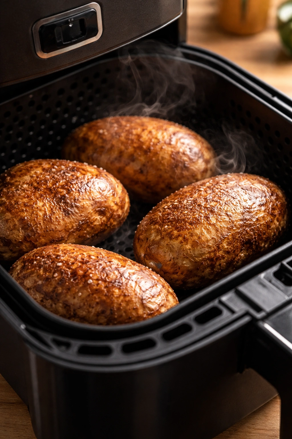 Close-up of russet potatoes with crispy skins in an air fryer basket