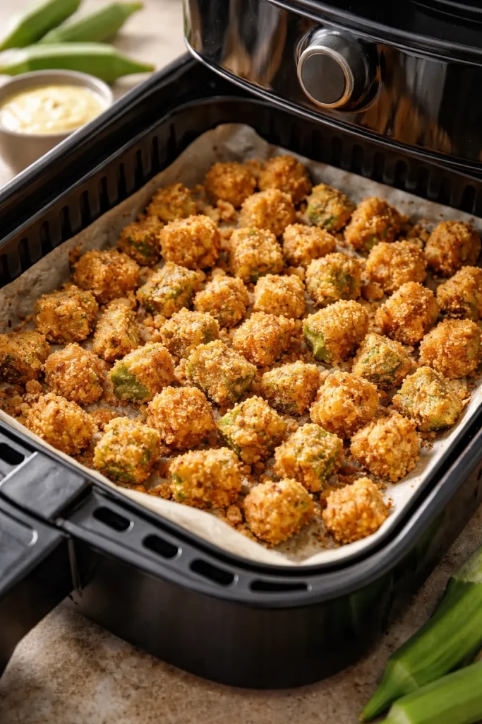 Okra coated for air frying on parchment-lined tray with oil sheen