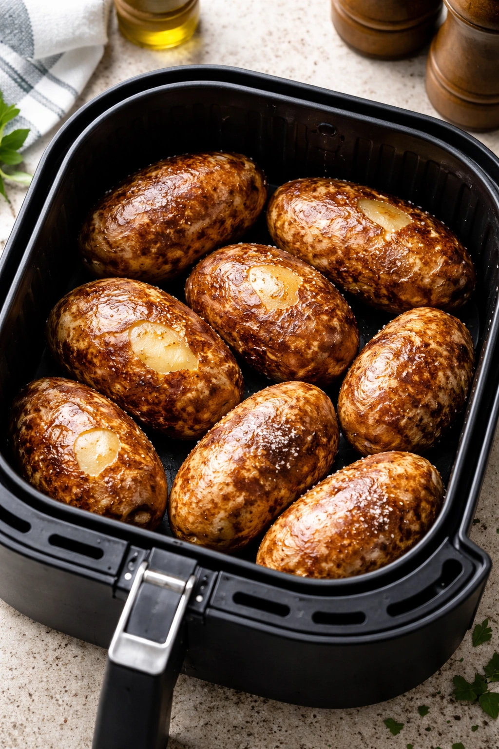 Close-up of overcrowded air fryer potatoes showing uneven browning and pale centers