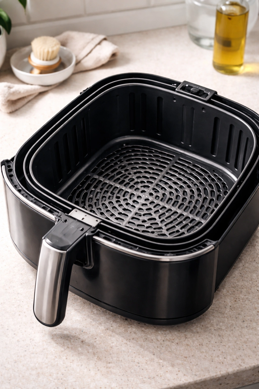 Clean air fryer basket ready for potatoes