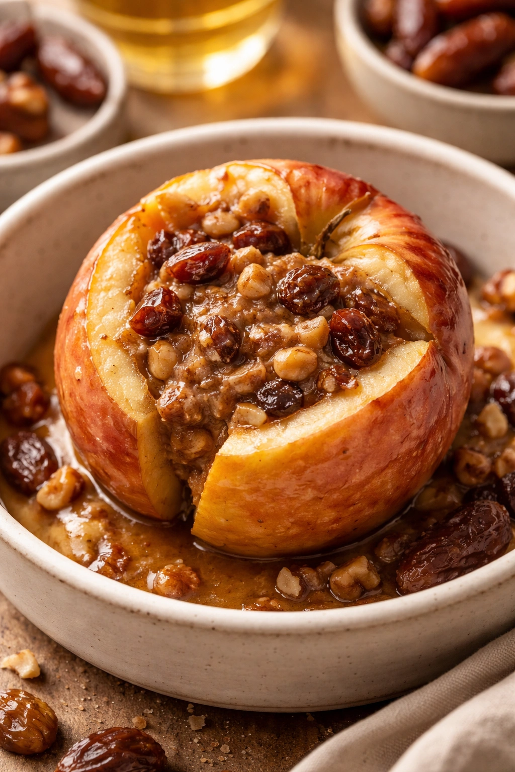 Close-up of almond butter filled baked apples with dates in a ceramic dish