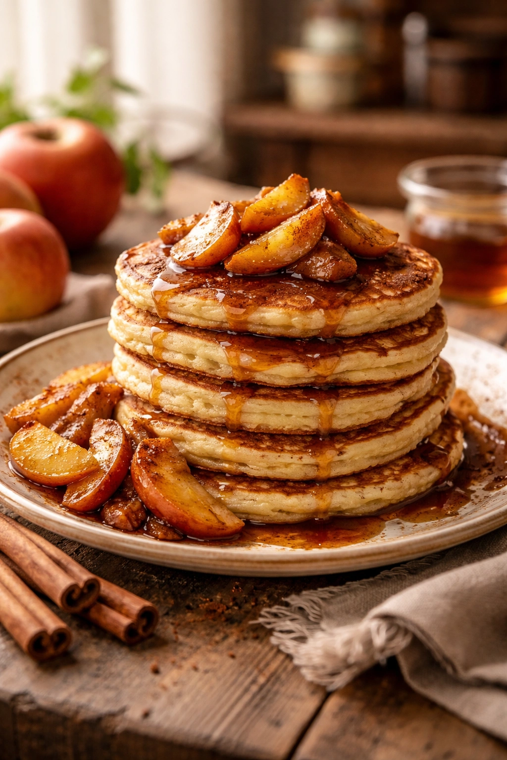 Close-up of fluffy apple pancakes with caramelized apples on a rustic plate