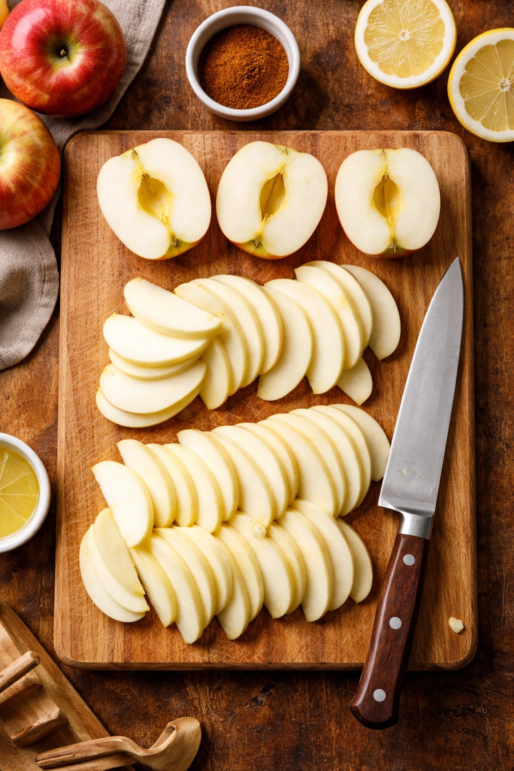 Peeled apple halves and slices prepared on cutting board