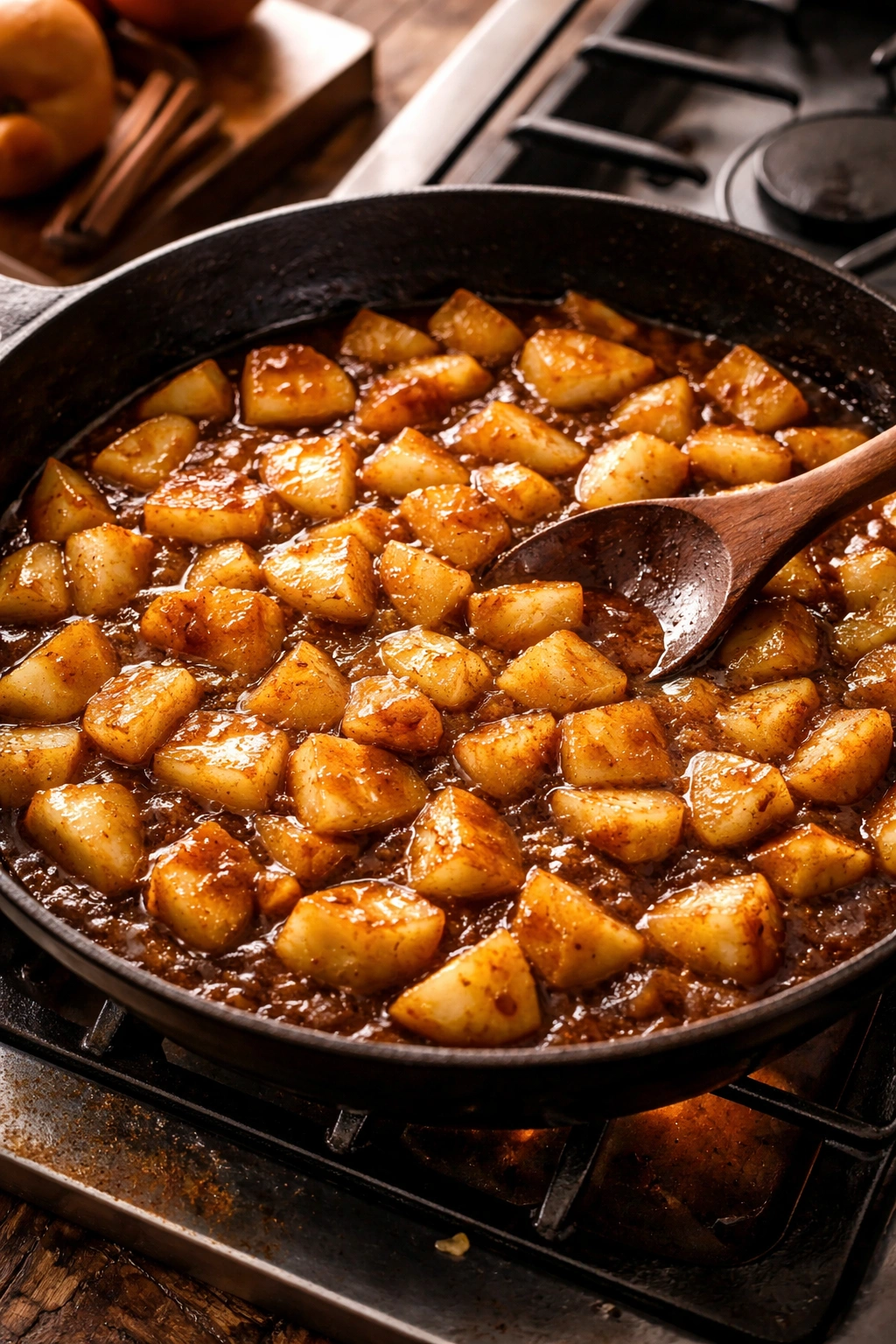 Close-up of apples cooking in butter and brown sugar in a skillet with warm spices