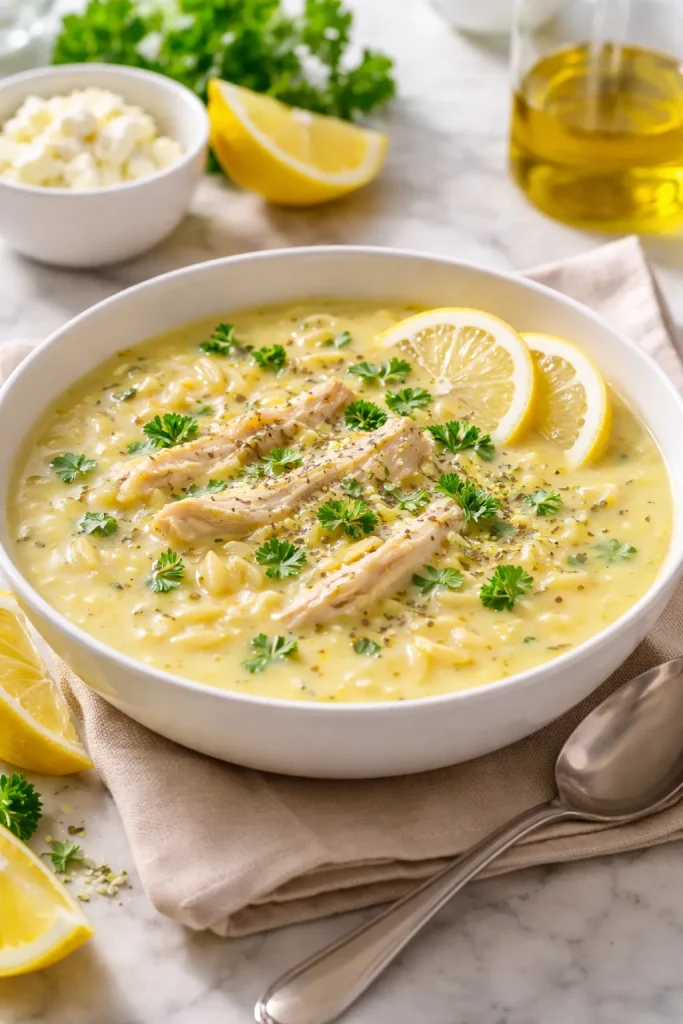 Bright bowl of avgolemono soup with lemony broth and orzo