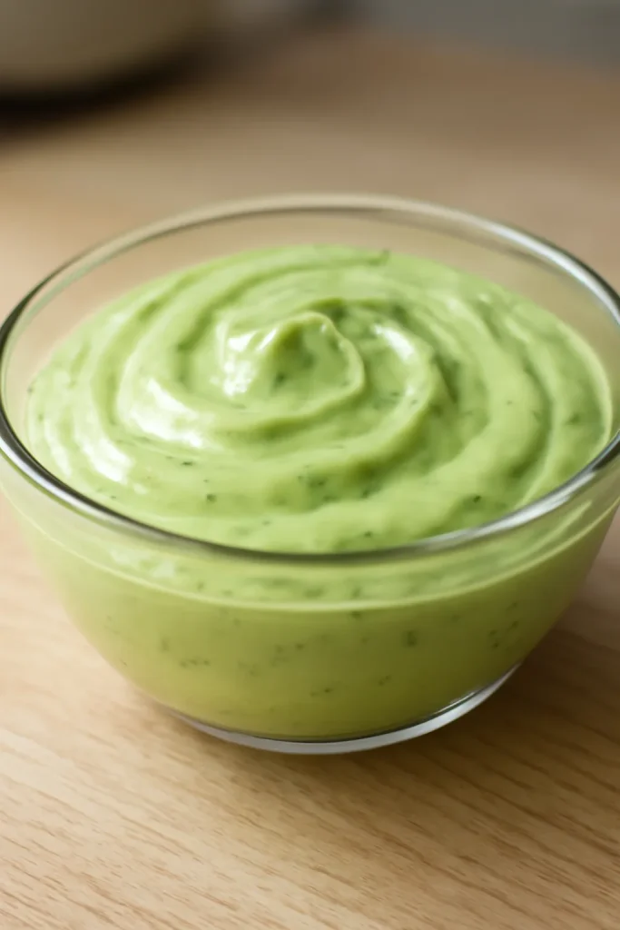 How To Make Taco Bell Chicken Burrito 7 Creamy green avocado ranch dressing in a glass bowl on a light wooden surface