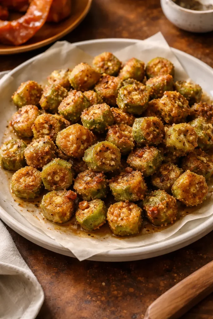 Okra fried in bacon grease with glossy crust on plate.