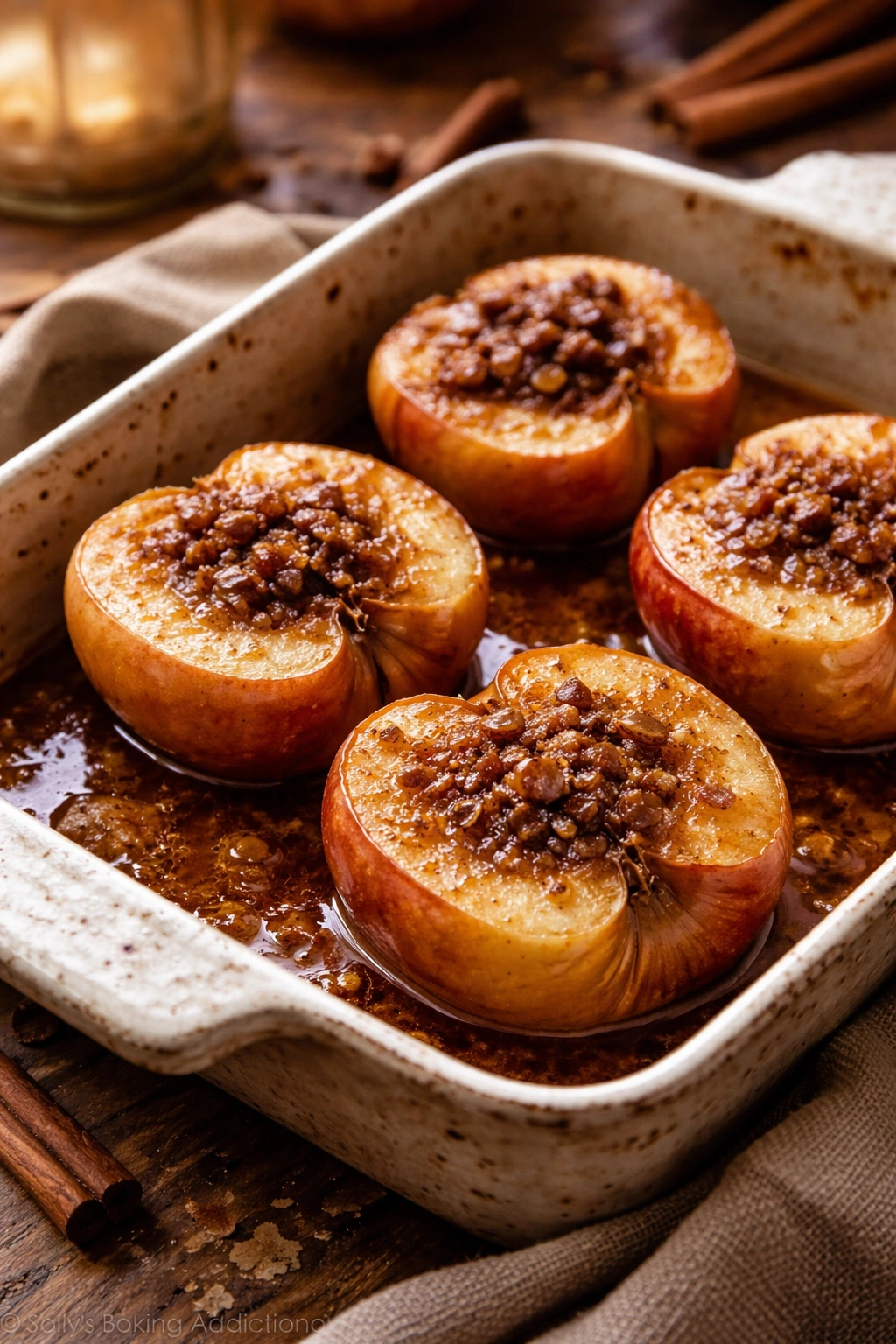 Close-up of baked apples with cinnamon brown sugar filling in a rustic dish