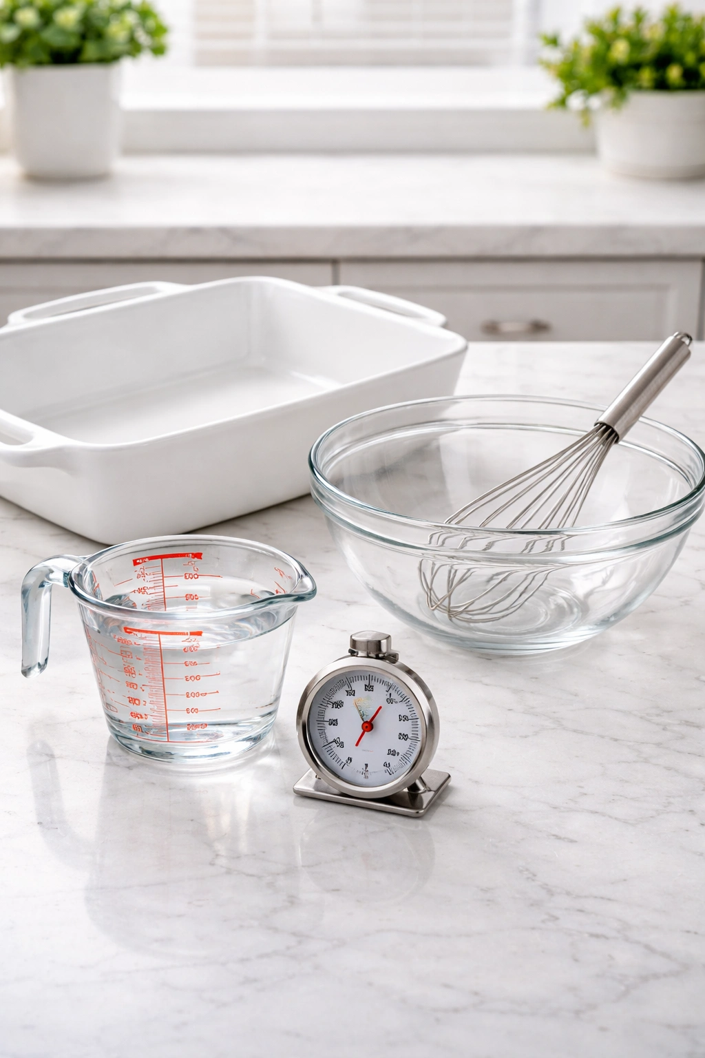 Arrangement of a 9x13 baking dish, mixing bowl, whisk, measuring cup, and oven thermometer on a clean counter.