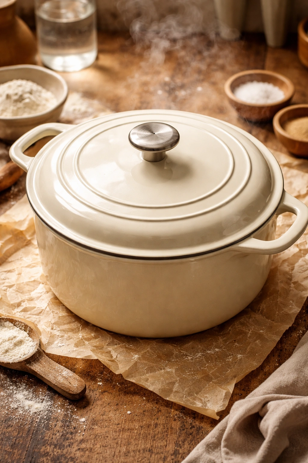 Dutch oven on parchment-lined surface ready for baking
