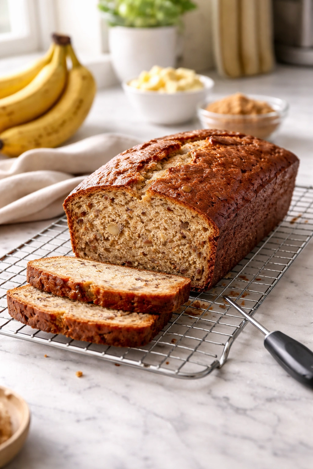Banana bread cooling on a wire rack in bright kitchen