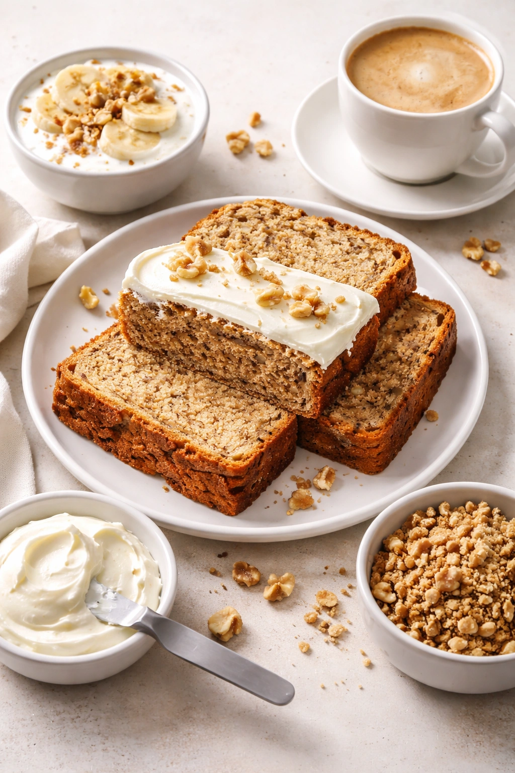 Banana bread slices on plate with cream cheese frosting