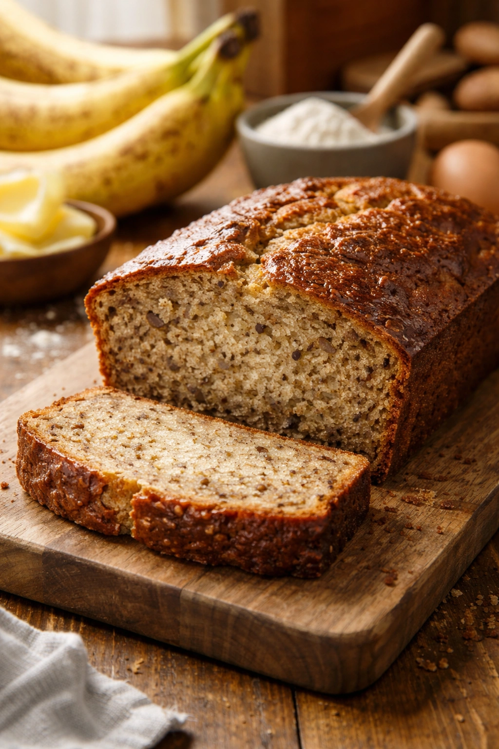 Close-up of a moist banana bread slice with tender crumb and banana specks