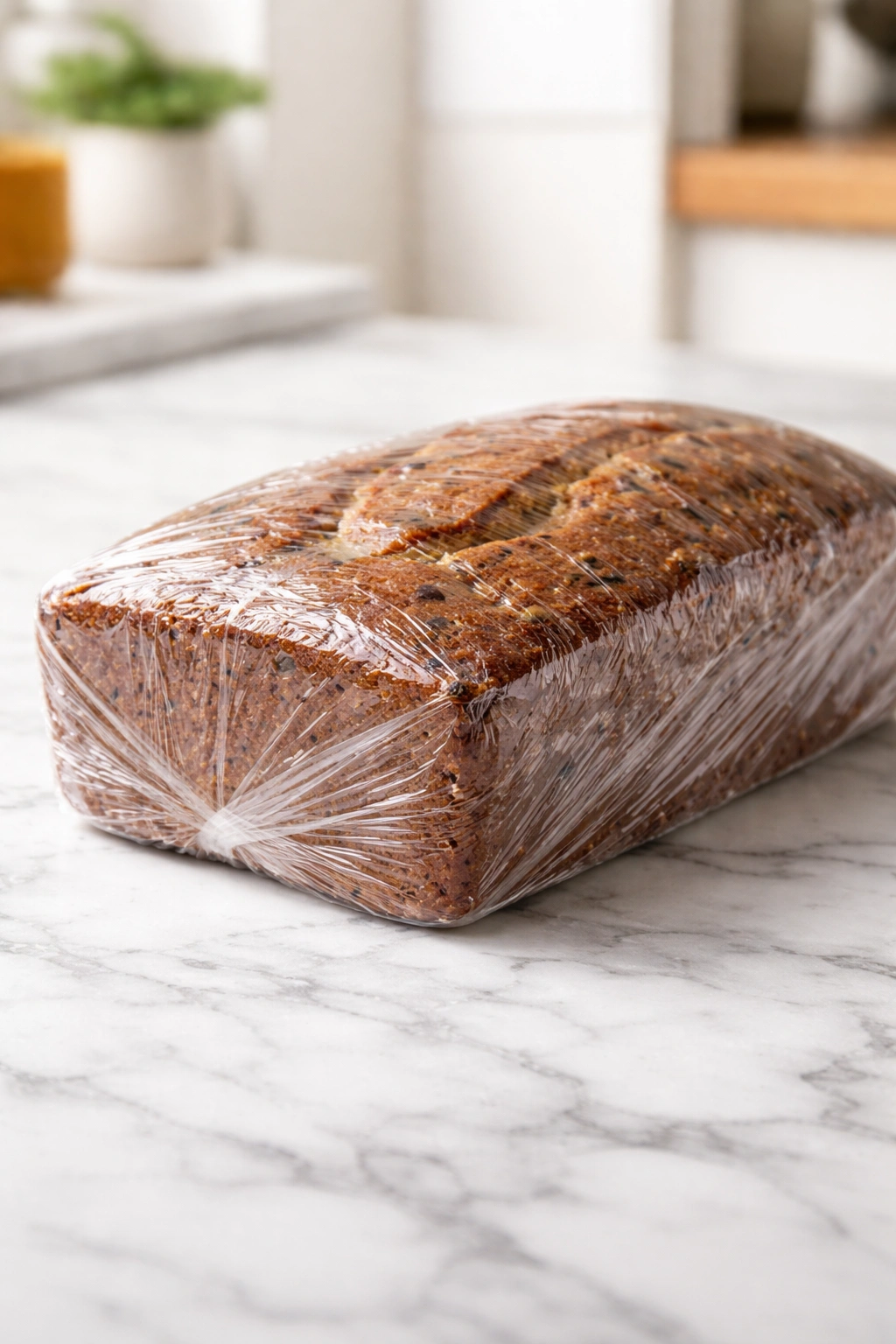 Loaf wrapped in plastic wrap on a counter