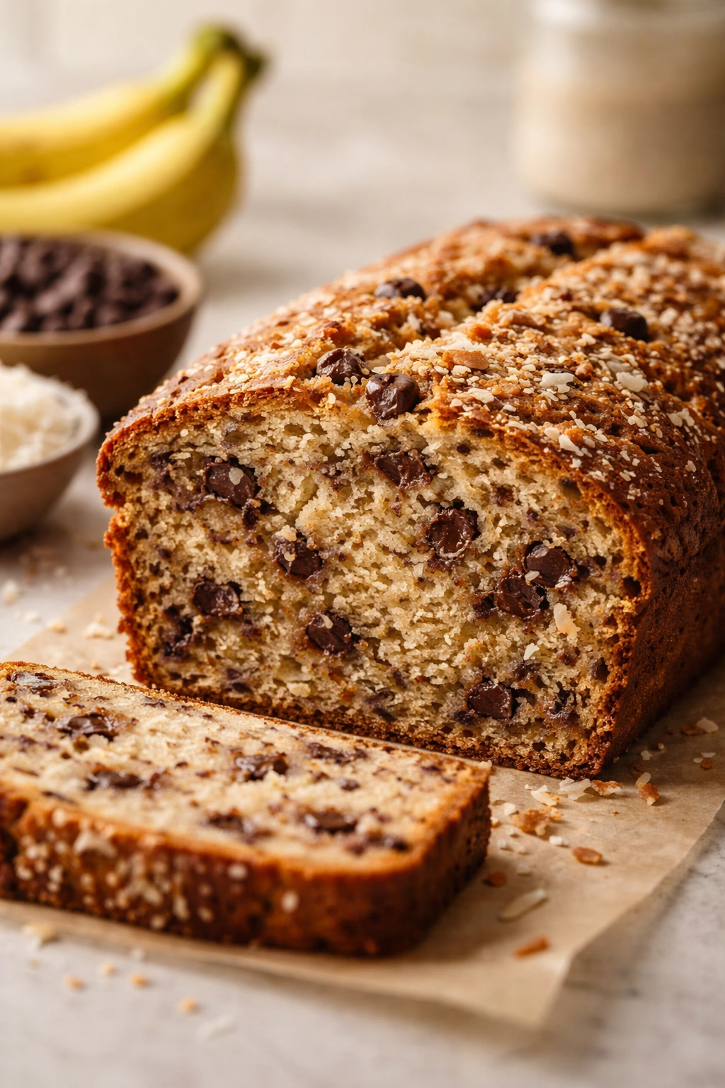 Banana bread cross-section showing chocolate chips and coconut in the crumb