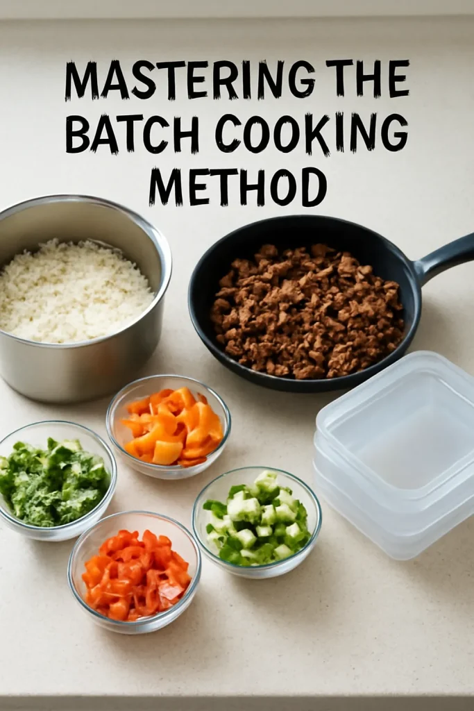 Easy Beef Meal Prep Bowls for Busy Weeks 8 Batch cooking setup with rice, beef, vegetables and containers on counter