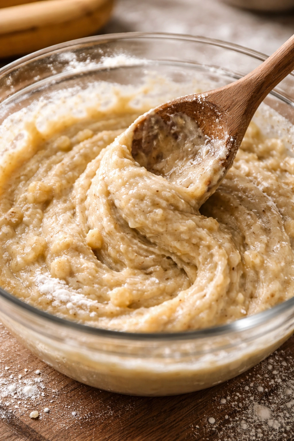 Close-up of gently folded banana bread batter with small lumps in a glass bowl