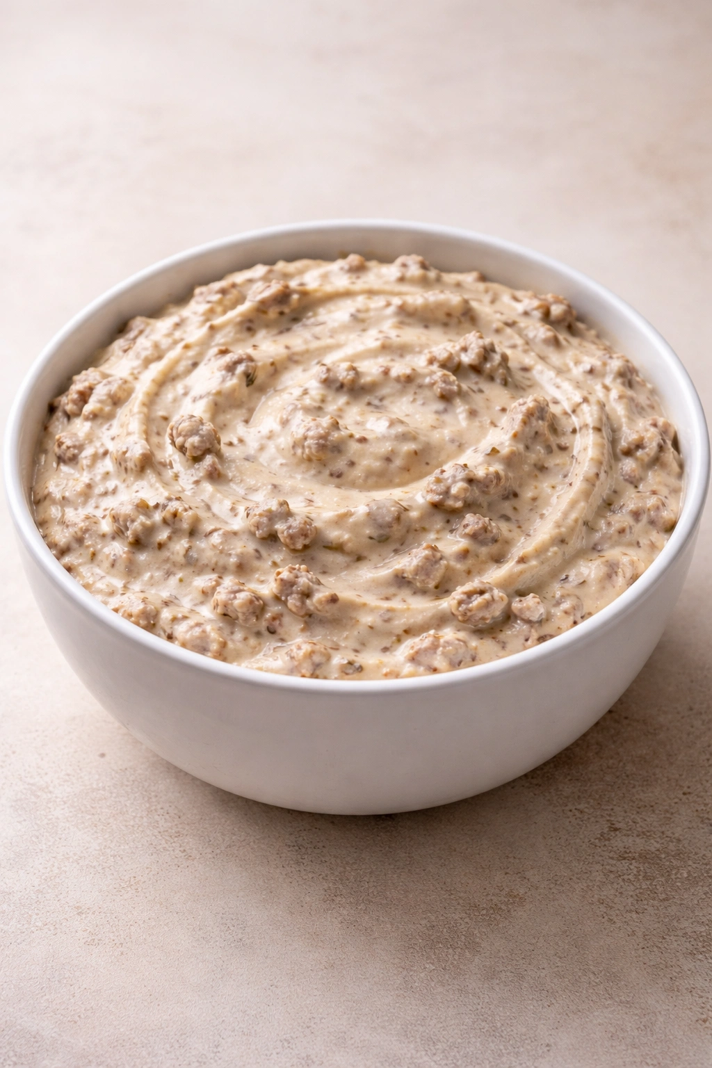 Creamy beef dip in a white bowl on a neutral background