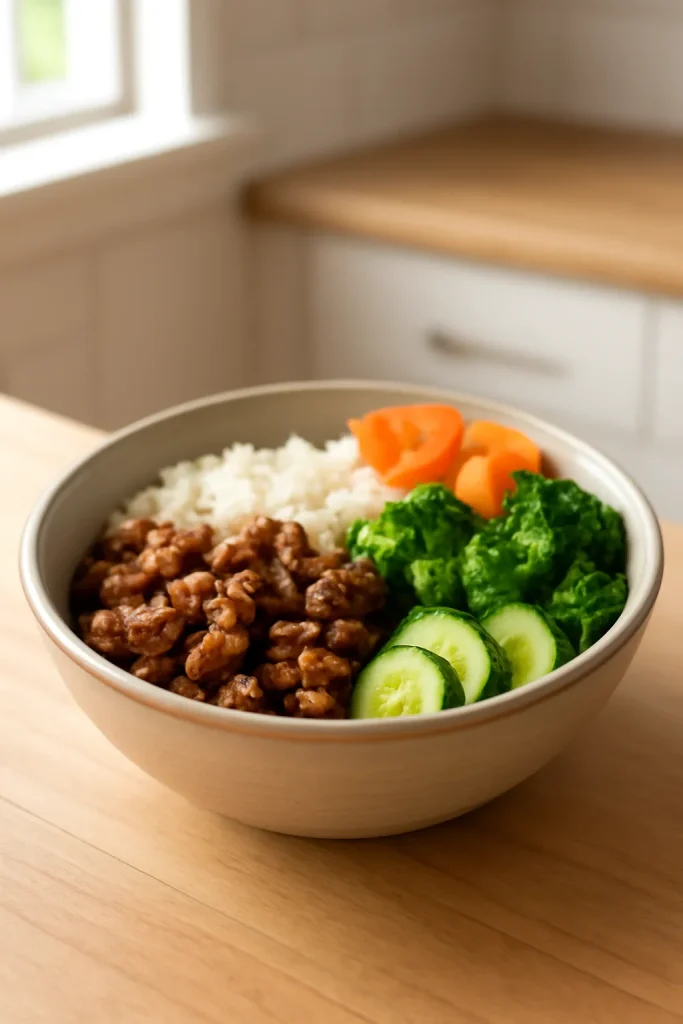 Easy Beef Meal Prep Bowls for Busy Weeks 13 Beef meal prep bowl with browned beef, rice, and vegetables on a clean wooden counter